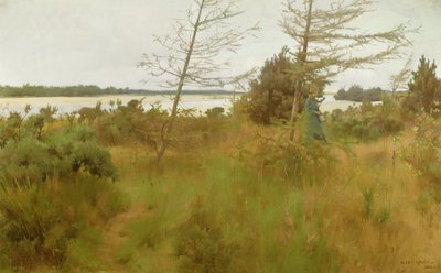 Recogiendo leña a la orilla de un lago de Alexander Mann